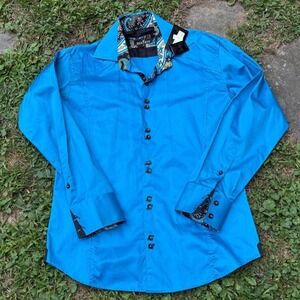 Bertigo Mens Dress Shirt‎ Size L Blue Long Sleeve Contrast Paisley Collar Cuffs